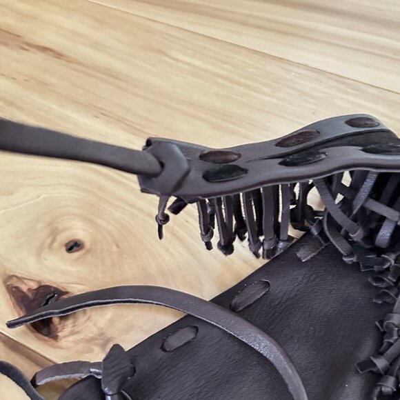 Handmade Genuine Leather Halter Top Bead Tassle Fringe Biker Chasing Unicorns S - Picture 7 of 8